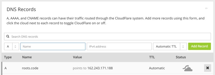 The DNS record that points the subdomain to the Digital Ocean droplet.